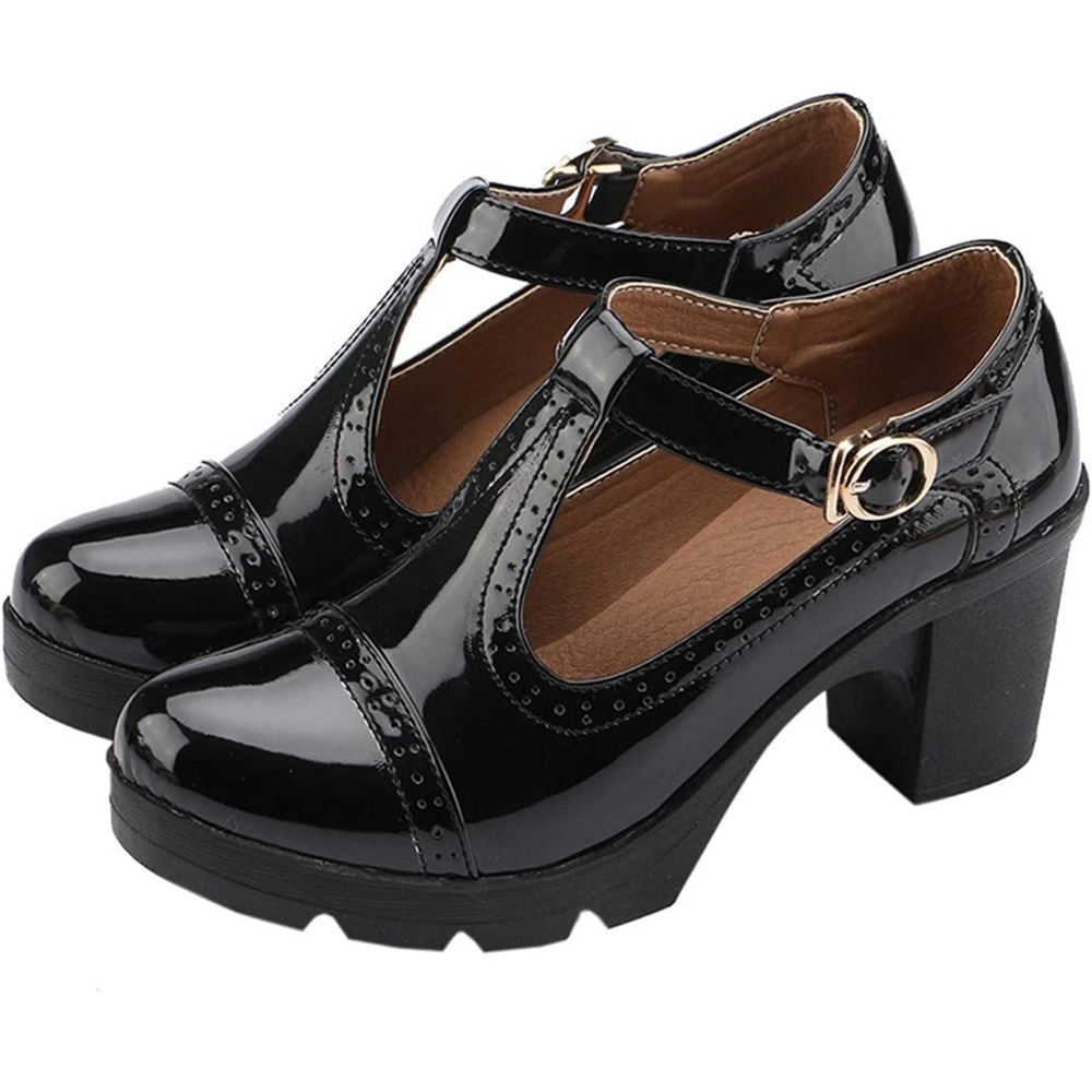 DADAWEN Women's Classic T-Strap Platform Mid-Heel Square Toe Oxfords Dress